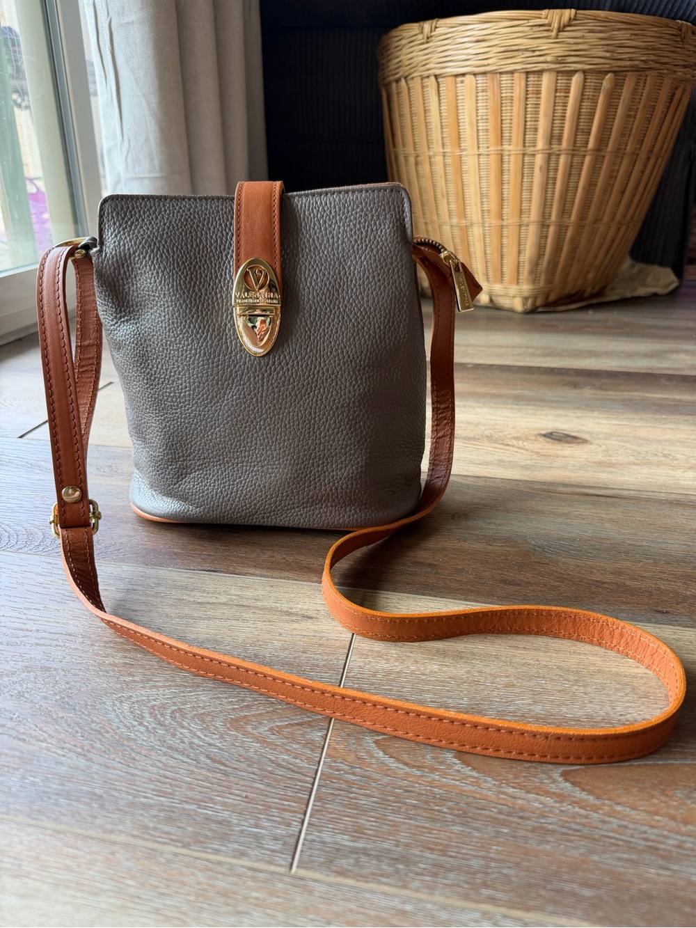 Valentina Italy Taupe Gray Pebbled Leather Crossbody Bag Cognac Trim